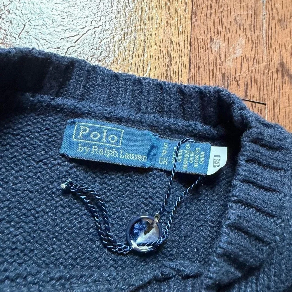 Polo Ralph Lauren Blue Vtg USA American Flag Polo Bear Knit Sweater Small FLAW